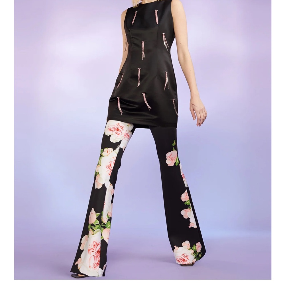 Cynthia Rowley Black Floral Boot-Cut Pants with Pink Rose Print
